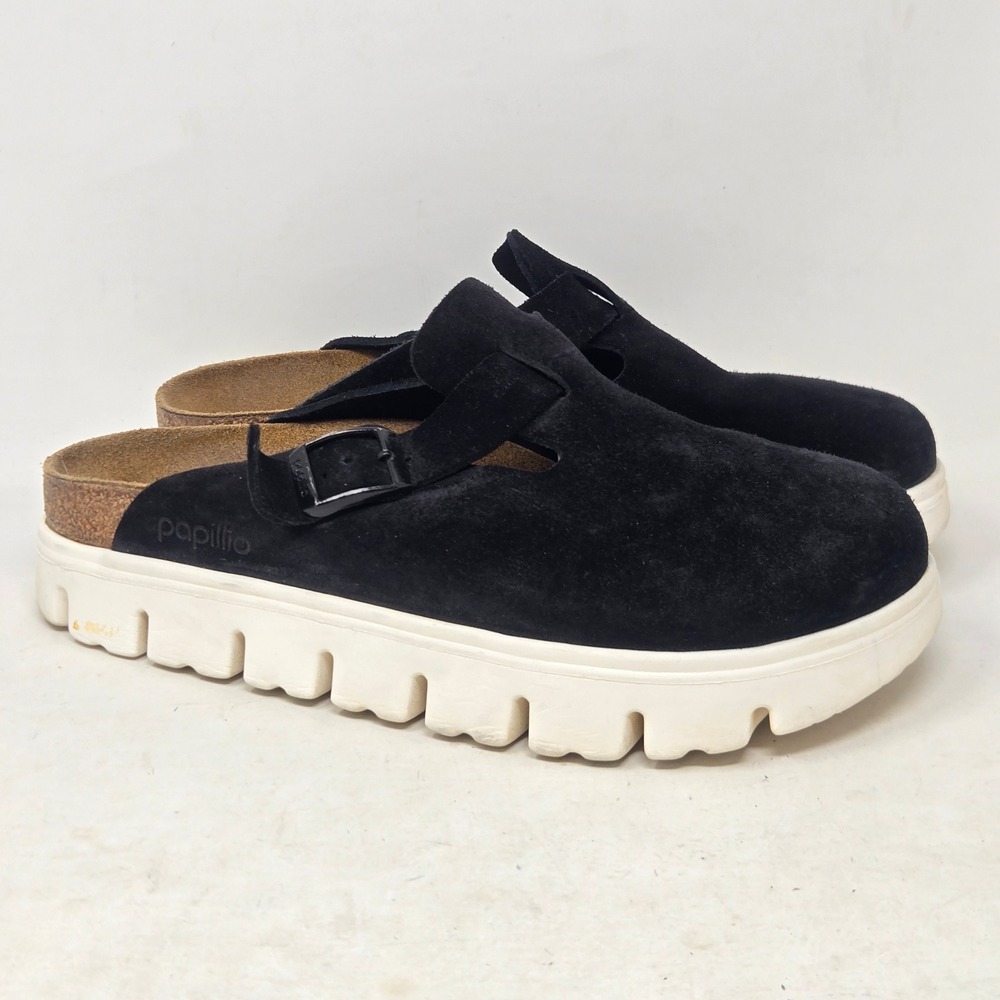 Papillio by Birkenstock Namica Black Suede Platform Clogs Mules Size 39
